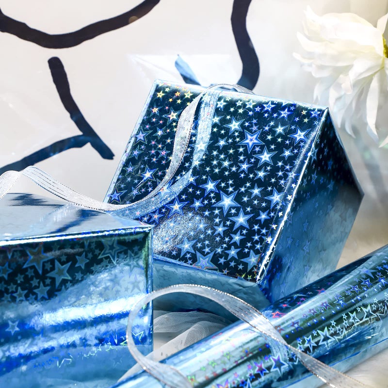 LeZakaa Blue Holographic Wrapping Paper Roll, Metallic Shiny Star Pattern, for Christmas Eve, Holiday Season, for Birthday, Wedding, Baby Shower, Valentines, Graduation, Mini Roll, 17 in x 32.8 Ft - Image 2