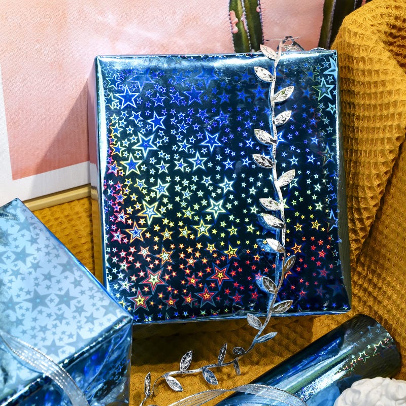 LeZakaa Blue Holographic Wrapping Paper Roll, Metallic Shiny Star Pattern, for Christmas Eve, Holiday Season, for Birthday, Wedding, Baby Shower, Valentines, Graduation, Mini Roll, 17 in x 32.8 Ft - Image 5