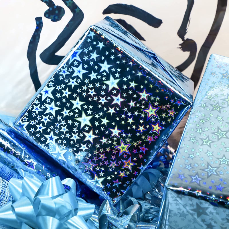 LeZakaa Blue Holographic Wrapping Paper Roll, Metallic Shiny Star Pattern, for Christmas Eve, Holiday Season, for Birthday, Wedding, Baby Shower, Valentines, Graduation, Mini Roll, 17 in x 32.8 Ft - Image 4