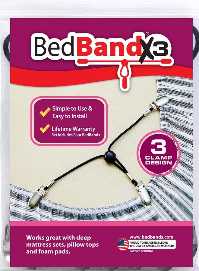 Bed Band سرير باندي إكس 3. غير مصنوع في الصين. (تصميم 3 مشابك) حزام ملاءة السرير، حامل، ممسك، معلق، حزام. يحافظ على زوايا الملاءة على أي سرير. نوم أفضل. - Image 1