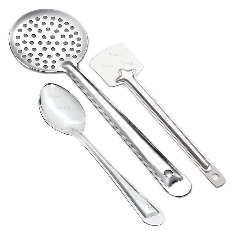 Velofeil Set of 3 Stainless Steel Kitchen Tools 285cm Large Pan Spoon 36cm Skimmer Jhara 305cm Turner Spatula Ideal for Cooking Serving - Image 1
