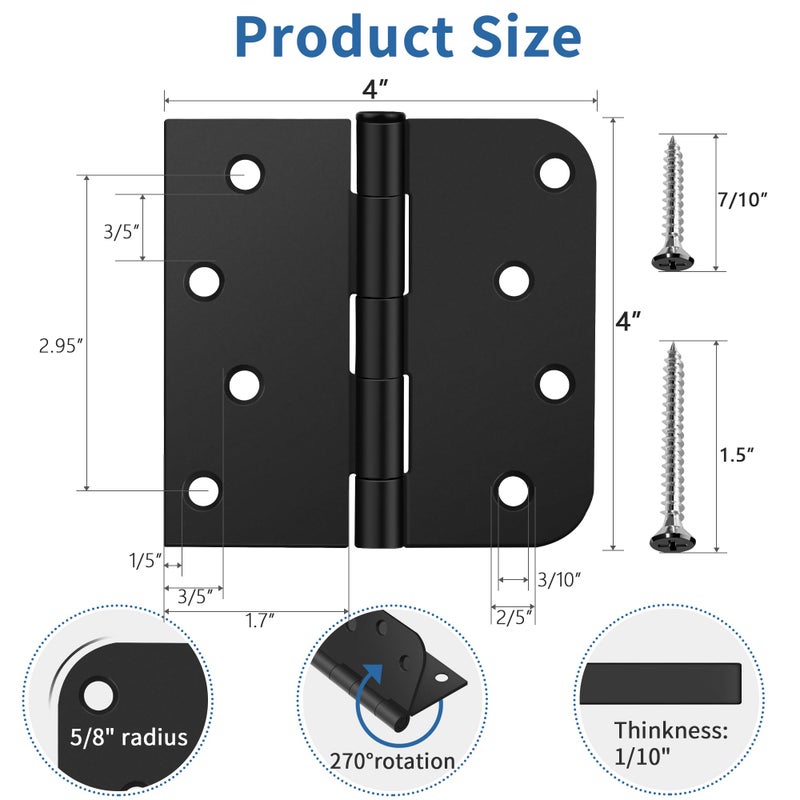 IOQ 3 Pack Matte Black Door Hinges 4 Inch, Exterior Door Hinges with 5/8" Radius & Square Corners, Removable Pin, Perfect for Heavy-Duty Front & Back Door, Anti-Rust & No Squeaks - Image 2