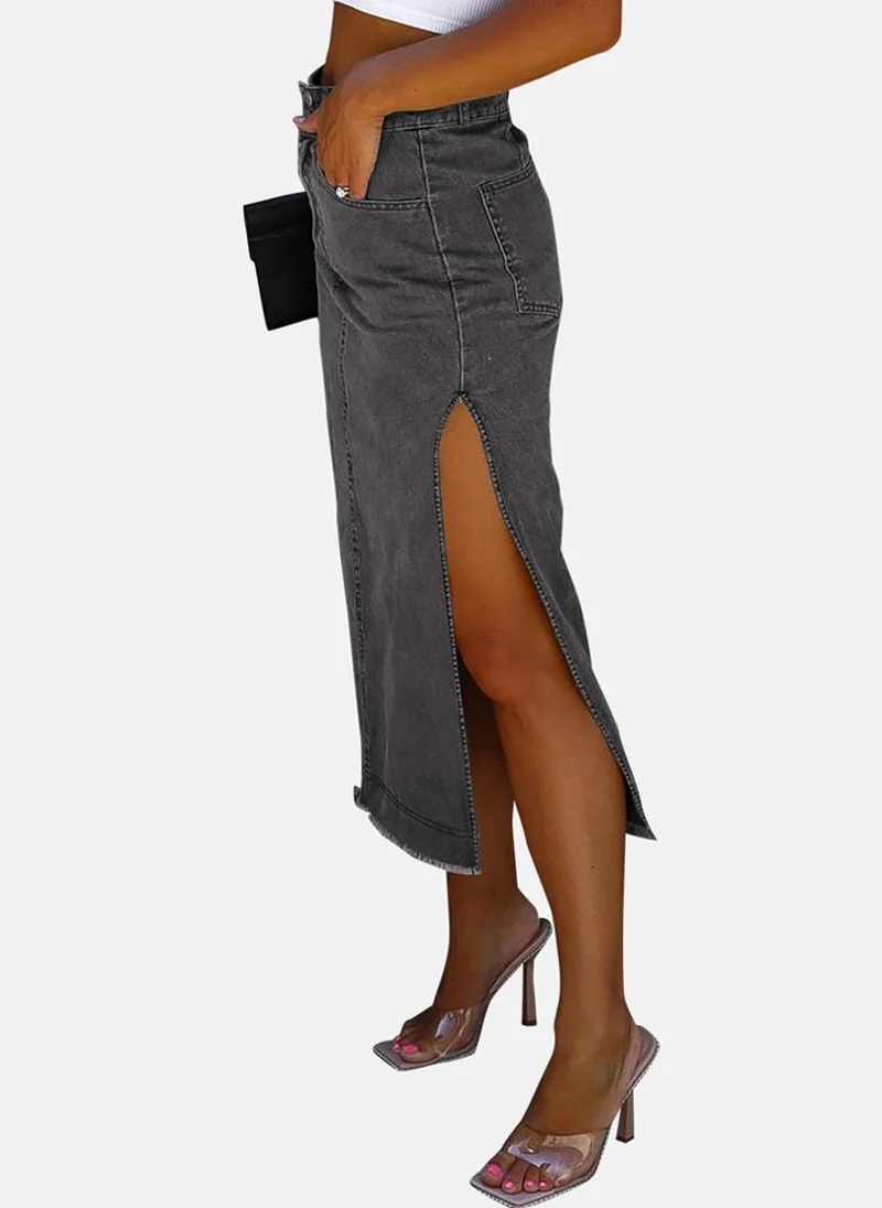 YUNIQEE Grey Plain Side Slit Midi Skirt