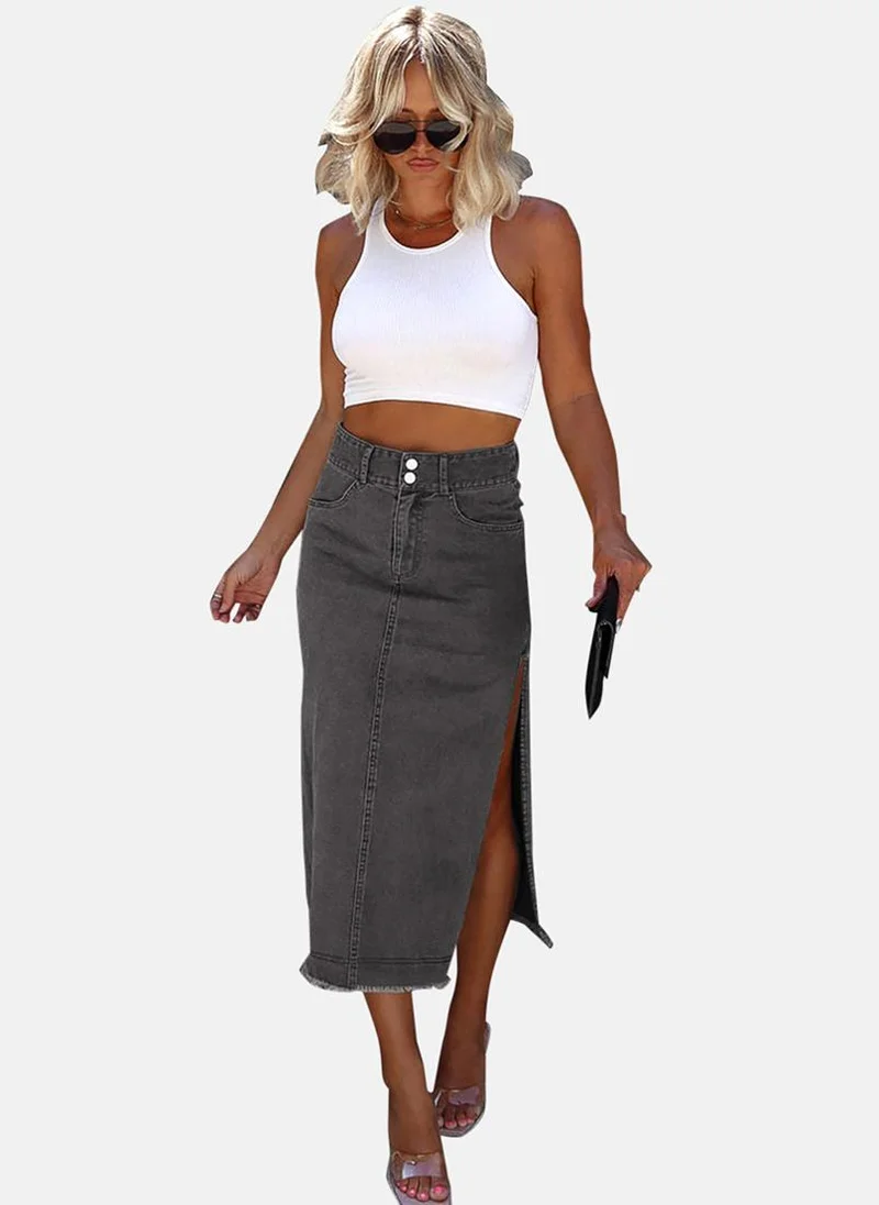 YUNIQEE Grey Plain Side Slit Midi Skirt