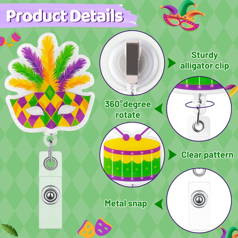 BkeeCten Mardi Gras Badge Reel - 16 Pcs Glitter Carnival Animal Design, Sparkling Retractable ID Holders with Secure Metal Clip for Office Wear, Hospital School Identification Professional Accessories - Image 3