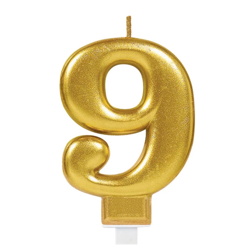 Amscan Birthday Celebration, Numeral #9 Metallic Candle, Party Supplies, Gold, 3 1/4 Inch - Image 1