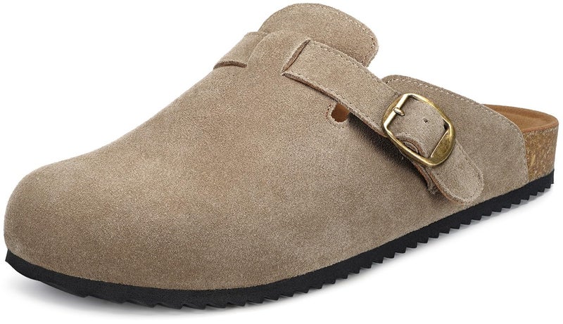 Intini Suede Clogs for Mens Womens Genuine Leather Clogs Adjustable Buckle Cork Footbed Sandals Brown - Image 1