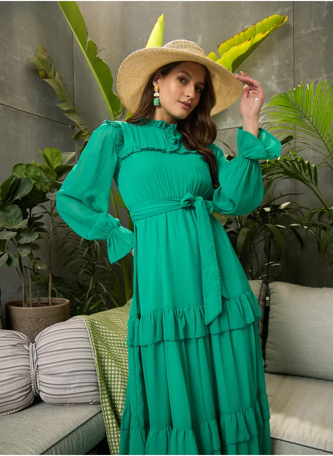 ساسافراس Ruffled Detail Waist Tie-Up Tiered Maxi Dress