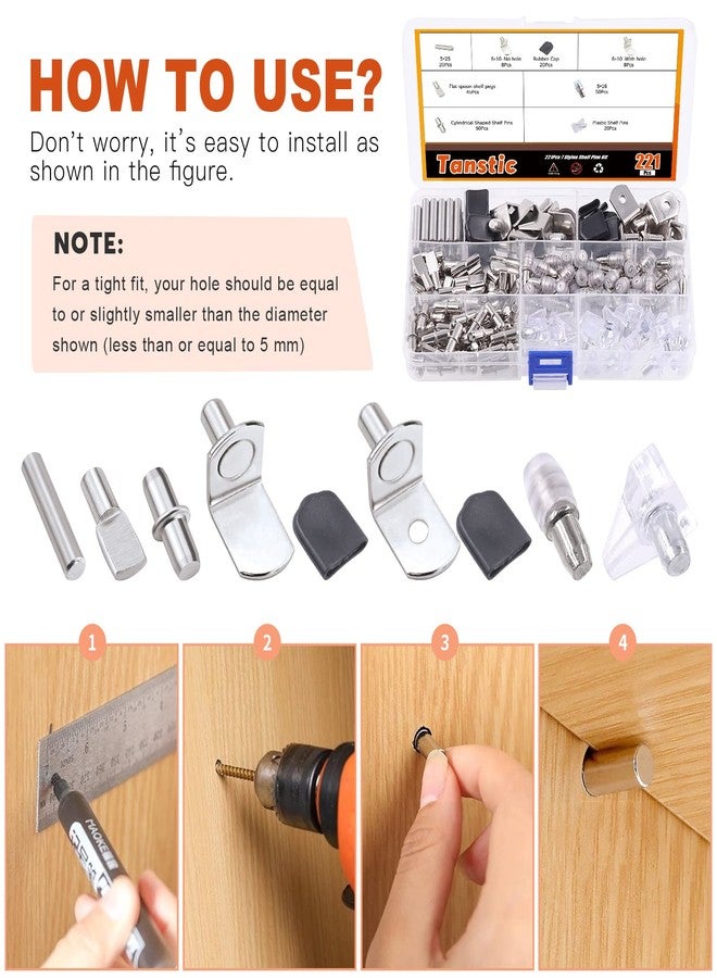 Tanstic 221Pcs 8 Styles Shelf Pins Kit - Shelf Support Pegs for Kitchen Cabinet & Bookshelf Shelves - Image 4