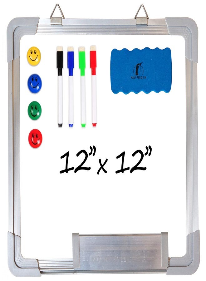 Navy Penguin Whiteboard Set - 12 x 12 in Dry Erase Board with 1 Magnetic Dry Eraser, 4 Dry Wipe Markers and 4 Magnets - Small White Board Wall Hanging Marker Board for Home and Office (12x12) - Image 1