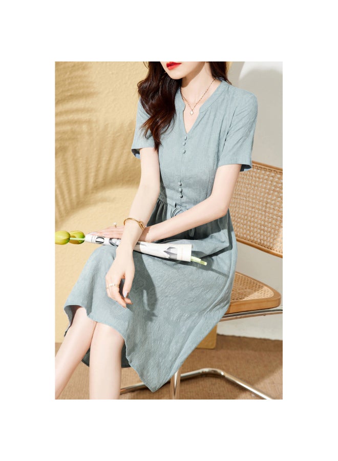 Song Feng Ya Traditional Chinese Retro Style Summer Textured Cotton Waist-cinching Slimming A-line Dress - Image 4