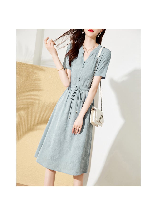 Song Feng Ya Traditional Chinese Retro Style Summer Textured Cotton Waist-cinching Slimming A-line Dress - Image 1