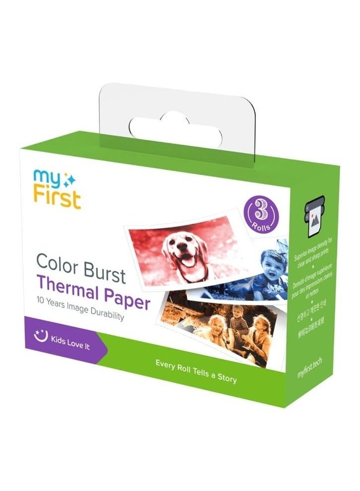 myFirst Thermal Paper Color Burst for myFirst Camera Insta 20 | 3 Rolls Dual-Color Thermal Paper (Black + Blue/Red/Orange), 57×26mm, High-Density Vivid Prints, Smooth Surface, Easy Replace Refill - Image 1