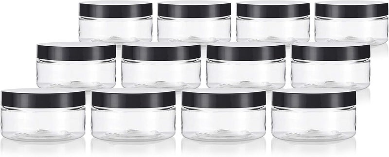JUVITUS 8 oz Clear Plastic Low Profile Jar with Black Smooth Lids (12 Pack)