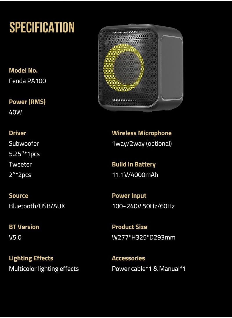 F&d Pa100 40W Bluetooth Party Speaker With 14 Hours Play Time, Multicolor light , Supporting Bluetooth ,USB , Aux , Wireless Mic , Built-in rechargeable battery , Wireless mic