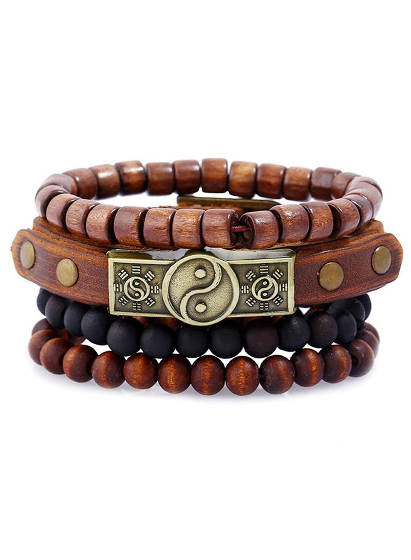4PCS Cowhide Wood Bead Bracelet, Wooden Beaded Bracelet Bangle for Men Women,Bagua Cowhide Tribal Bracelet, Multi layered Beaded Wood Bead Bracelet