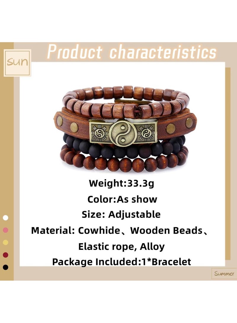 4PCS Cowhide Wood Bead Bracelet, Wooden Beaded Bracelet Bangle for Men Women,Bagua Cowhide Tribal Bracelet, Multi layered Beaded Wood Bead Bracelet