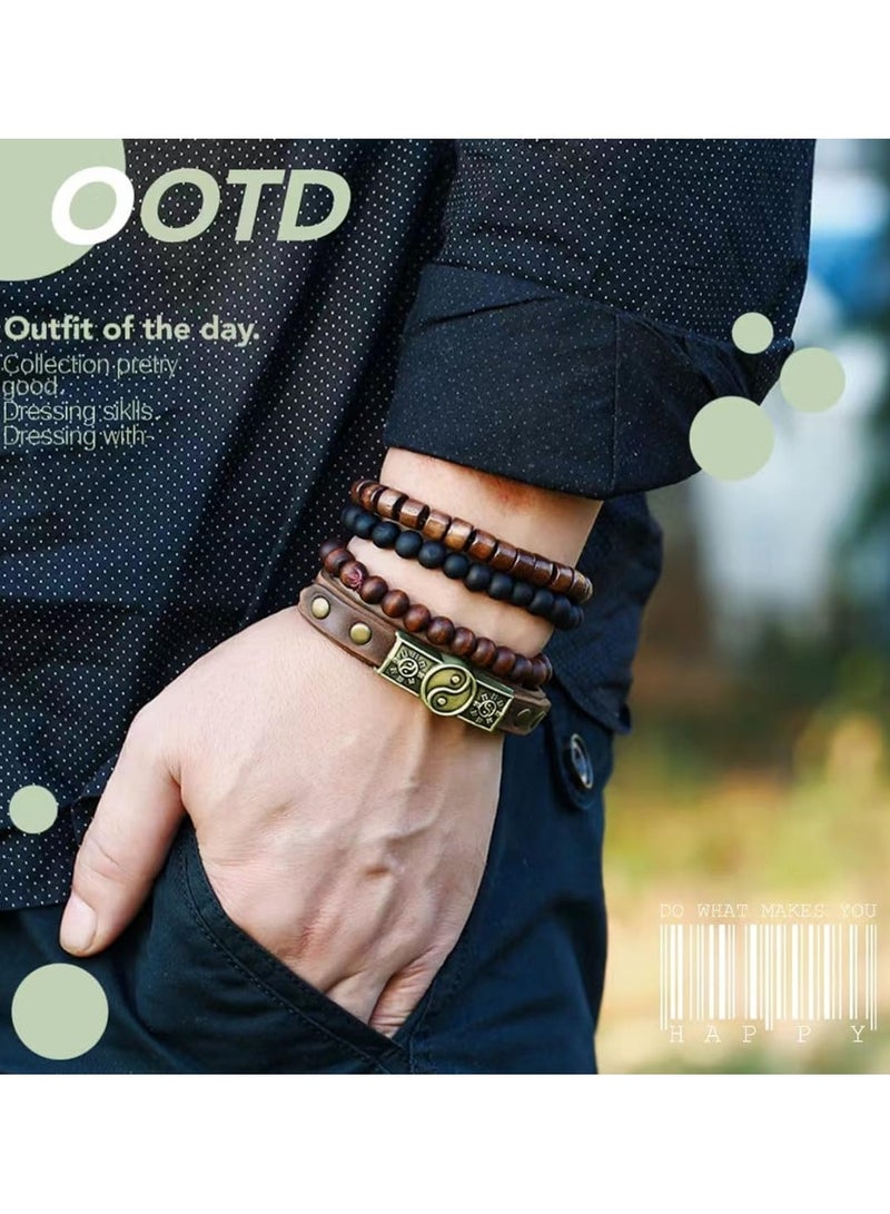 4PCS Cowhide Wood Bead Bracelet, Wooden Beaded Bracelet Bangle for Men Women,Bagua Cowhide Tribal Bracelet, Multi layered Beaded Wood Bead Bracelet