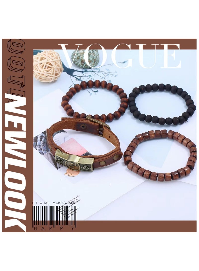 4PCS Cowhide Wood Bead Bracelet, Wooden Beaded Bracelet Bangle for Men Women,Bagua Cowhide Tribal Bracelet, Multi layered Beaded Wood Bead Bracelet