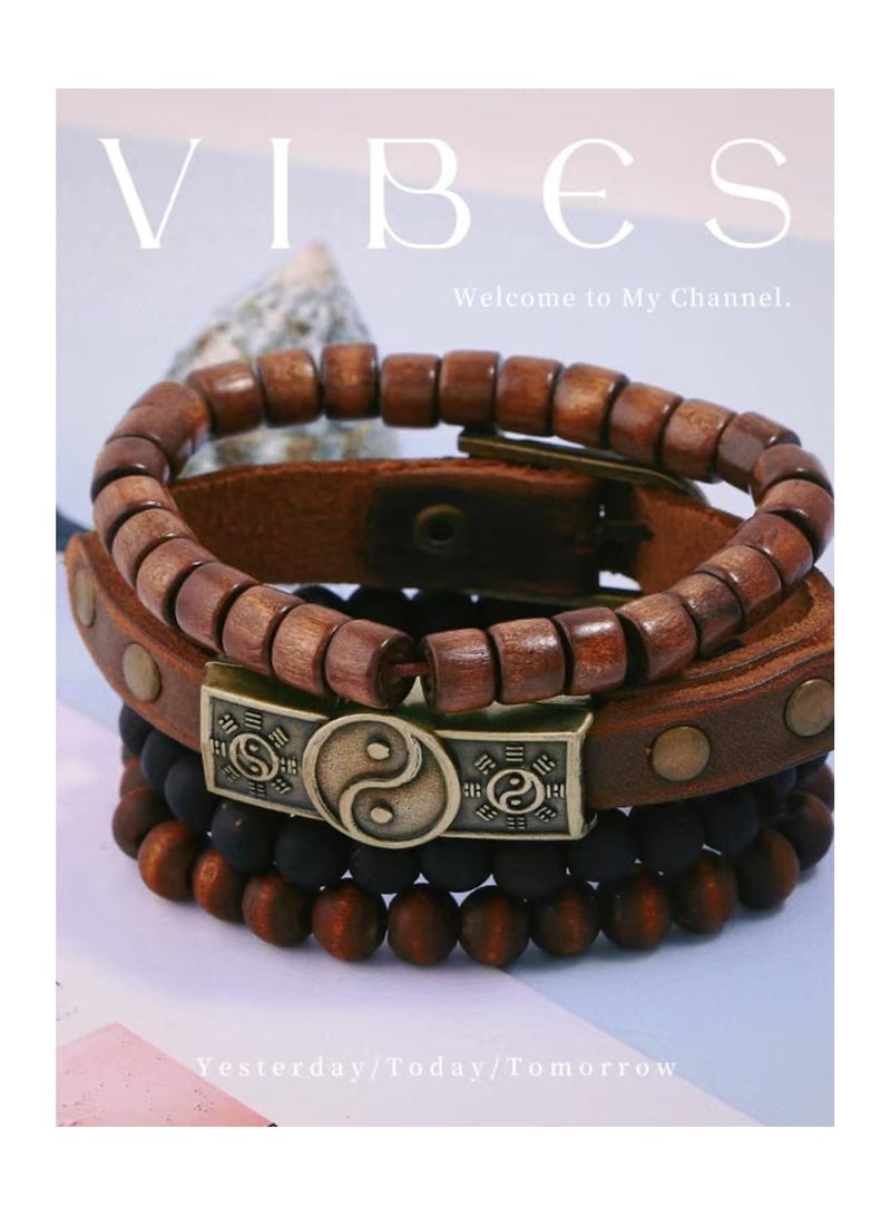 4PCS Cowhide Wood Bead Bracelet, Wooden Beaded Bracelet Bangle for Men Women,Bagua Cowhide Tribal Bracelet, Multi layered Beaded Wood Bead Bracelet