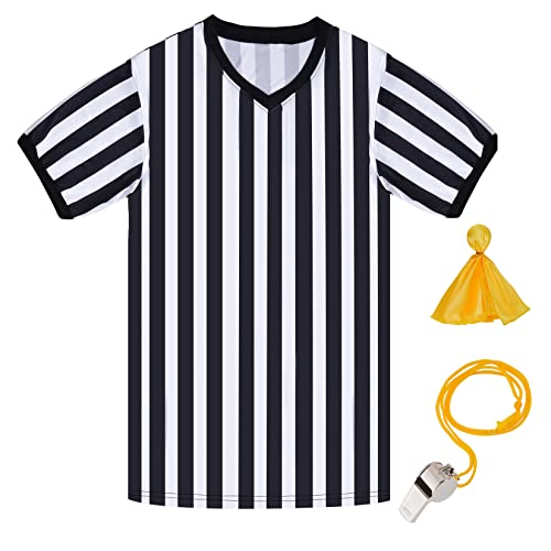 obmwang Referee Shirt for Womens and Mens, Black and White Stripe Umpire Jersey V Neck Ref Uniform for Football Halloween - Image 2