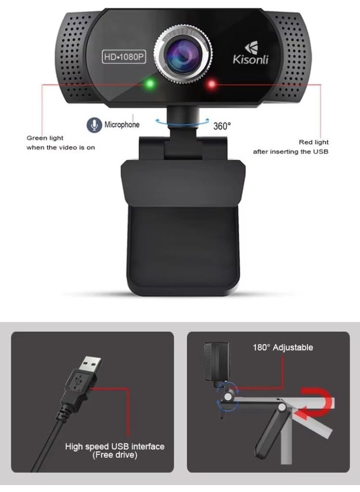 كاميرا ويب Kisonli PC-2 عالية الدقة 1080p، مايكروفون مدمج، توصيل USB، للكمبيوتر والمكالمات المرئية - Image 5