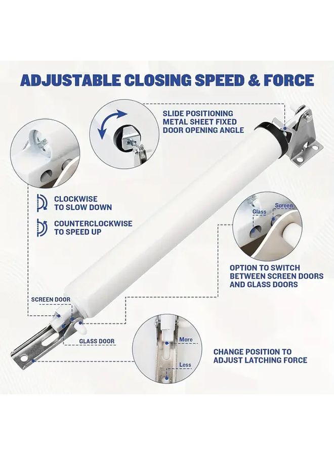 2 Pack White Screen Door Closers Kit Adjustable Pneumatic Closing Speed Bracket - Image 4
