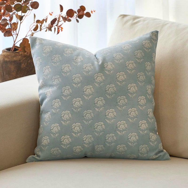 DOMVITUS Floral Pillow Covers 20x20 Throw Pillow Covers Decorative Block Floral Print Vintage Pillow Cover for Living Room Couch Bed, Light Blue, 1PC - Image 1