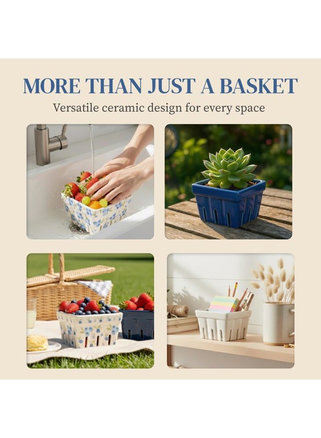 BIEN BEAU Farmhouse Ceramic Berry Basket, Colander, Farmers Market square Bowl. Rustic Kitchen decor fruit bowls, Fruit Baskets, Bleu White and Blueberry pattern Stoneware Harvest Bowls Set of 4 … - Image 5