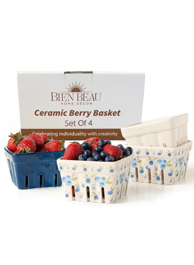 BIEN BEAU Farmhouse Ceramic Berry Basket, Colander, Farmers Market square Bowl. Rustic Kitchen decor fruit bowls, Fruit Baskets, Bleu White and Blueberry pattern Stoneware Harvest Bowls Set of 4 … - Image 1