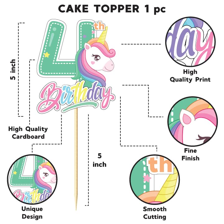 Festiko® Unicorn Theme Happy birthday Theme Party Decoration for 4th Birthday Cake Cutting,Unicorn Themes Party Favors for Kids Birthday Decoration,One Unicorn Theme Fourth Birthday Cake Topper 1pcs - Image 2