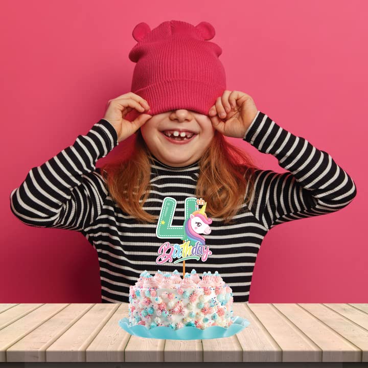 Festiko® Unicorn Theme Happy birthday Theme Party Decoration for 4th Birthday Cake Cutting,Unicorn Themes Party Favors for Kids Birthday Decoration,One Unicorn Theme Fourth Birthday Cake Topper 1pcs - Image 3