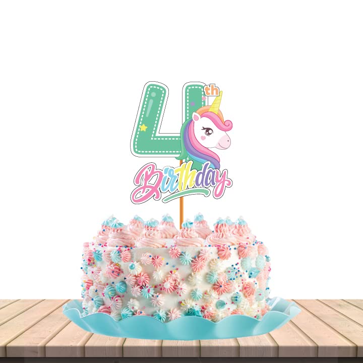 Festiko® Unicorn Theme Happy birthday Theme Party Decoration for 4th Birthday Cake Cutting,Unicorn Themes Party Favors for Kids Birthday Decoration,One Unicorn Theme Fourth Birthday Cake Topper 1pcs - Image 1
