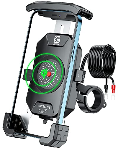 BRCOVAN Motorcycle Phone Mount Holder with Qi 15W Wireless Charger & PD/USB-C 20W Fast Charging Port, [1s Lock] Cellphone Cradle with Aluminum Alloy Handlebar Mounting Base for 4-7'' Smartphone - Image 1