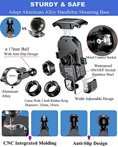 BRCOVAN Motorcycle Phone Mount Holder with Qi 15W Wireless Charger & PD/USB-C 20W Fast Charging Port, [1s Lock] Cellphone Cradle with Aluminum Alloy Handlebar Mounting Base for 4-7'' Smartphone - Image 5