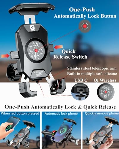 BRCOVAN Motorcycle Phone Mount Holder with Qi 15W Wireless Charger & PD/USB-C 20W Fast Charging Port, [1s Lock] Cellphone Cradle with Aluminum Alloy Handlebar Mounting Base for 4-7'' Smartphone - Image 3
