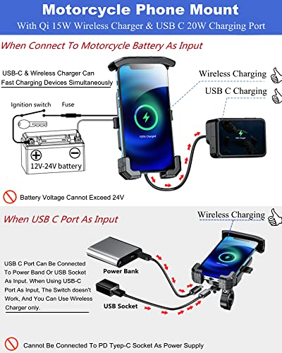 BRCOVAN Motorcycle Phone Mount Holder with Qi 15W Wireless Charger & PD/USB-C 20W Fast Charging Port, [1s Lock] Cellphone Cradle with Aluminum Alloy Handlebar Mounting Base for 4-7'' Smartphone - Image 2