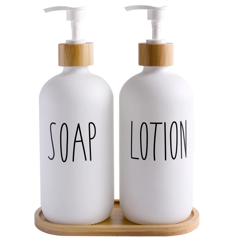 Momeemo Bathroom Soap Dispenser Set With Glass Soap Dispenser  Bamboo Pumps & Tray. Soap And Lotion Dispenser Set Suitable For Bathroom Accessories Decor. (White) - Image 1