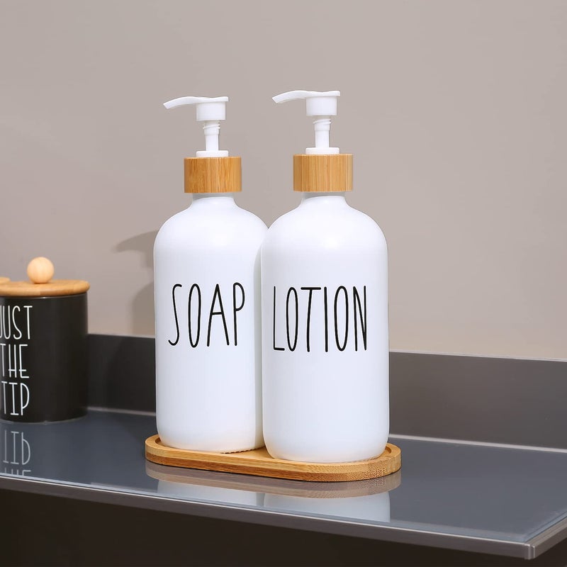 Momeemo Bathroom Soap Dispenser Set With Glass Soap Dispenser  Bamboo Pumps & Tray. Soap And Lotion Dispenser Set Suitable For Bathroom Accessories Decor. (White) - Image 3