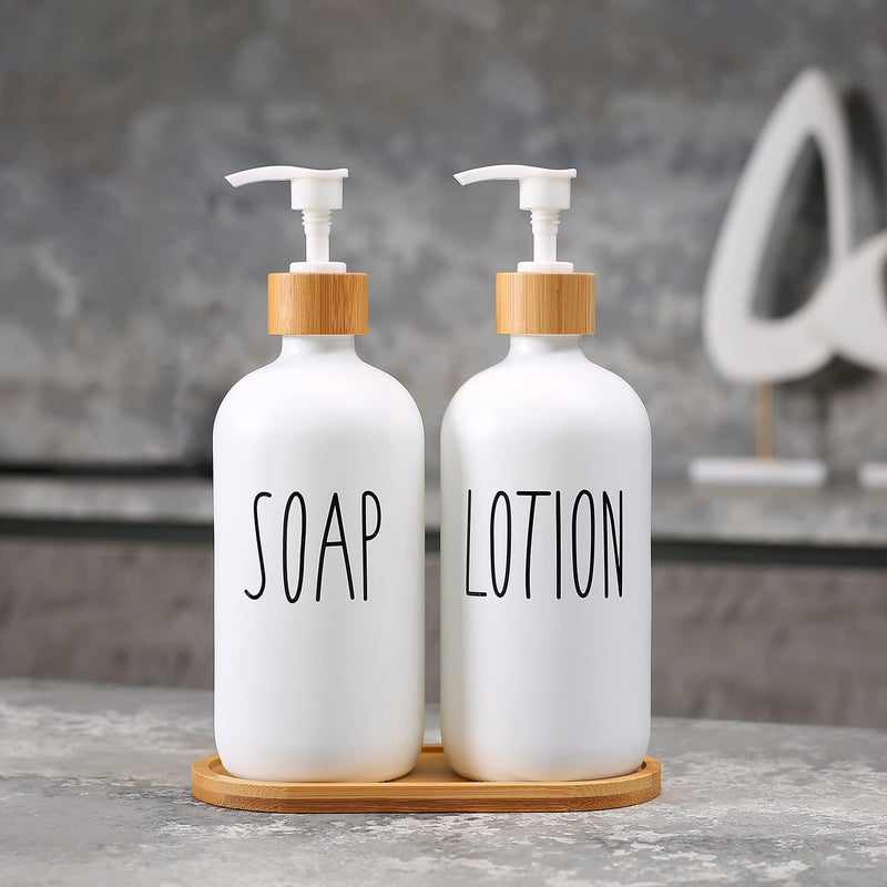 Momeemo Bathroom Soap Dispenser Set With Glass Soap Dispenser  Bamboo Pumps & Tray. Soap And Lotion Dispenser Set Suitable For Bathroom Accessories Decor. (White) - Image 2