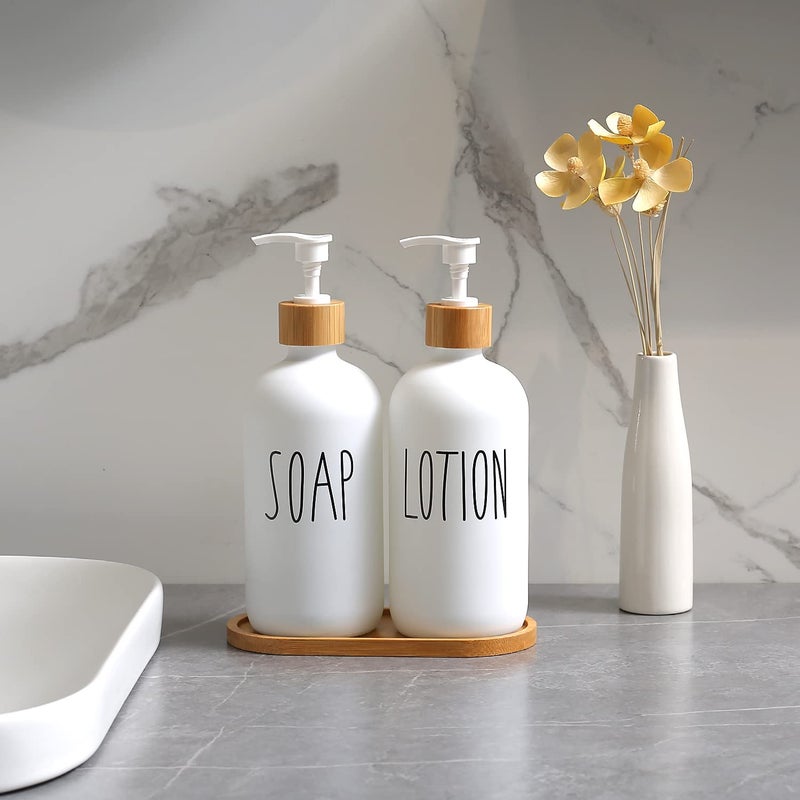 Momeemo Bathroom Soap Dispenser Set With Glass Soap Dispenser  Bamboo Pumps & Tray. Soap And Lotion Dispenser Set Suitable For Bathroom Accessories Decor. (White) - Image 4