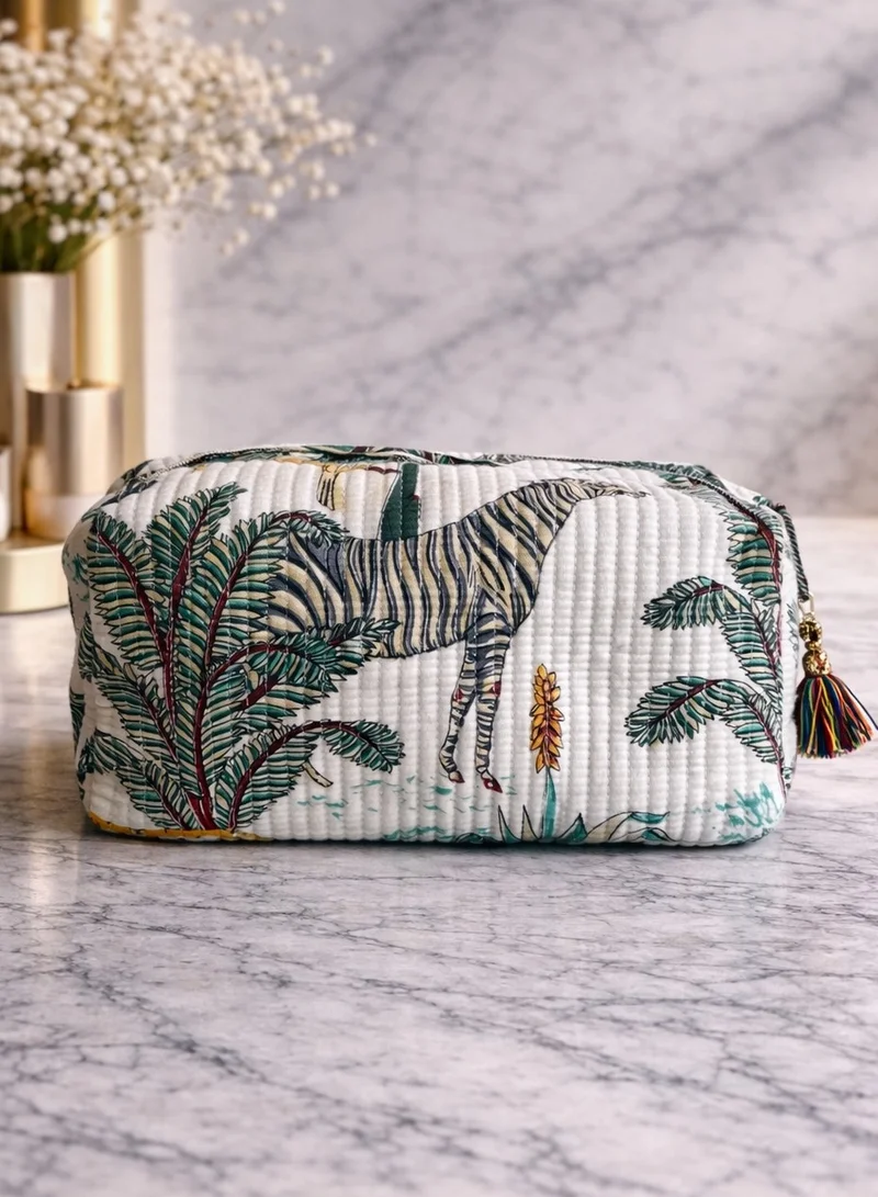 Tohfa Luxe Tohfa Luxe Jungle Handmade Block Printed Cotton Pouch – Large Waterproof Cosmetic & Toiletry Travel Organizer Bag (25 × 12 × 12 cm)