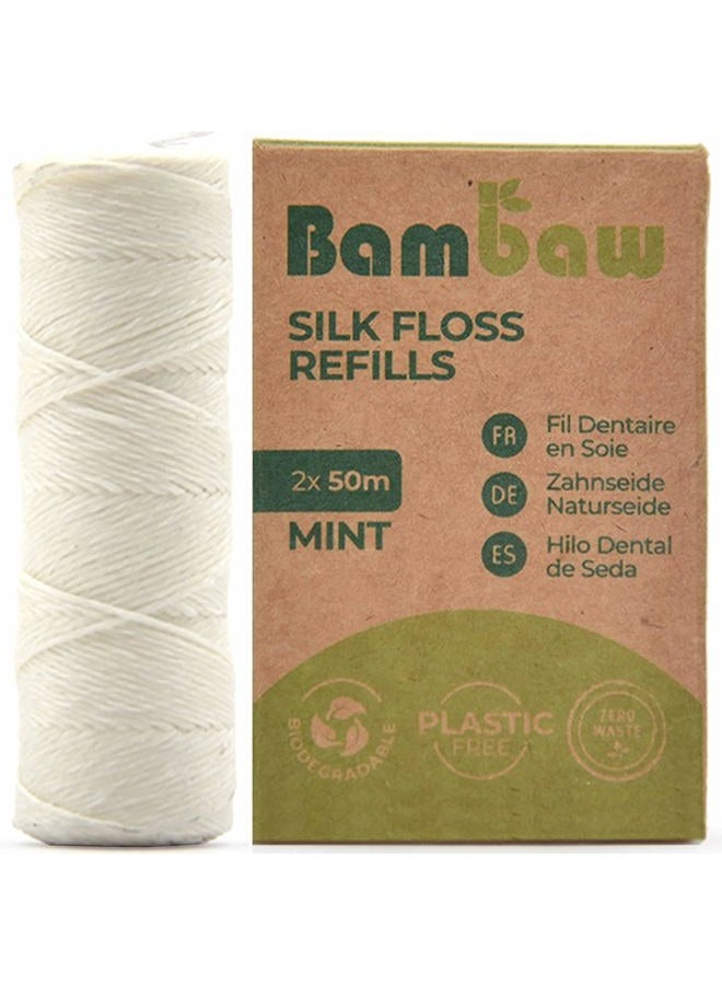 Bambaw Refill Silk Dental Floss | Natural Dental Tape | Plastic Free Dental Floss | Eco Floss | Stainless Steel | Zero Waste Floss | Mint | 100m (Pack of 1) - Image 1