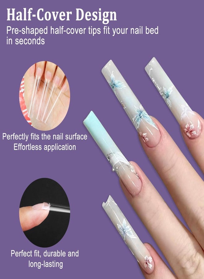 Laza 600pcs No C Curve Clear Fake Nail Tips 12 Sizes Half Cover Flat Nail Tips Square Straight Extra Long False Nail Tips for Acrylic Nails Extension Tips - 3XL - Image 2