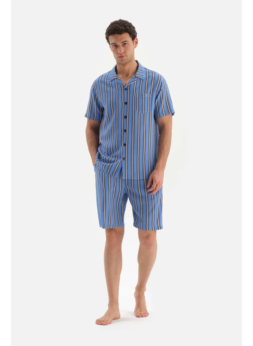 dagi Blue Shirt Collar Woven Pajama Set with Striped Shorts