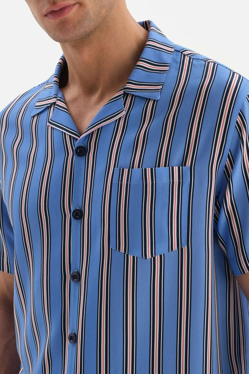 داجي Blue Shirt Collar Woven Pajama Set with Striped Shorts