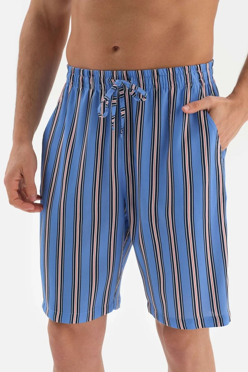 داجي Blue Shirt Collar Woven Pajama Set with Striped Shorts