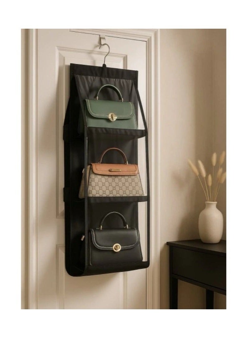 منظم حقائب يد ومحافظ بـ 6 جيوب - رف تخزين معلق للحقائب للملابس أو الخزانة أو خلف الباب، تصميم موفر للمساحة، منظم معلق متين للحقائب اليدوية والمحافظ وحقائب السهرة والإكسسوارات (عبوة واحدة - أسود). - Image 1