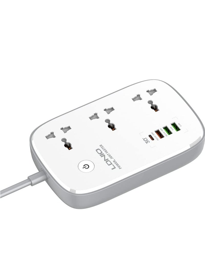 لدنيو مشترك كهرباء سمارت يعمل بتقنية واي فاي من لدنيو SCW3451، مع 3 مخارج تيار متردد بتوافق شامل، 1 منفذ مزود بتقنية بي دي، منفذ طاقة كيو سي 3.0، 2 مخارج للمعرف التلقائي - ابيض/رمادي - Image 1