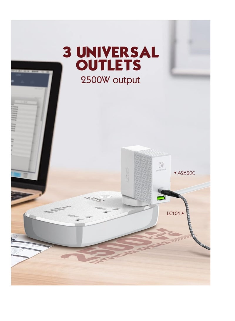 لدنيو مشترك كهرباء سمارت يعمل بتقنية واي فاي من لدنيو SCW3451، مع 3 مخارج تيار متردد بتوافق شامل، 1 منفذ مزود بتقنية بي دي، منفذ طاقة كيو سي 3.0، 2 مخارج للمعرف التلقائي - ابيض/رمادي - Image 4